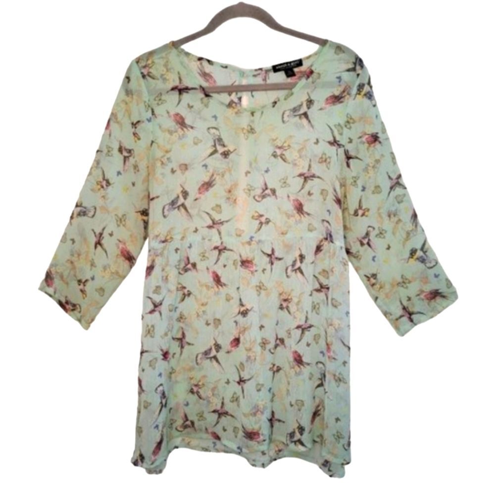 About a Girl Blue Aqua Sheer Hummingbird Empire Waist Top Blouse Coverup Size XL